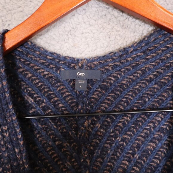 VTG Gap Open Front Lambs Wool Cardigan Sweater Navy & Brown Women's L - Picture 5 of 13